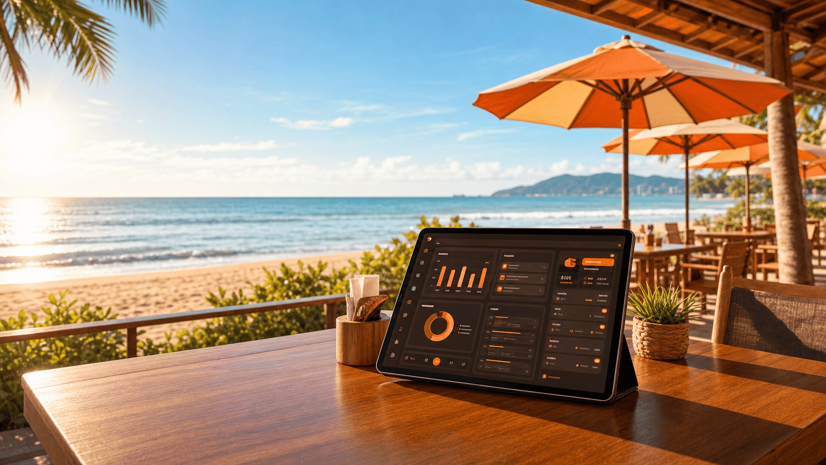 Tablet com painel SandExpress em uma mesa de quiosque na praia